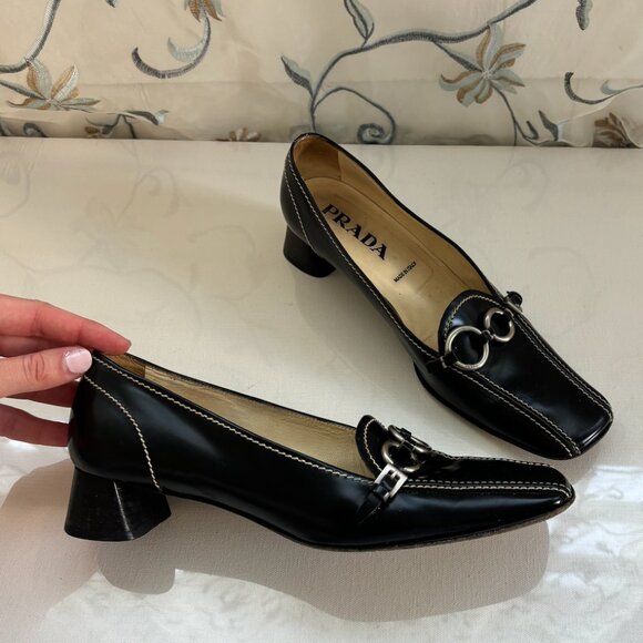 Prada Square Toe Loafer; Chunky Kitten Heel - Vintage - Picture 2 of 7